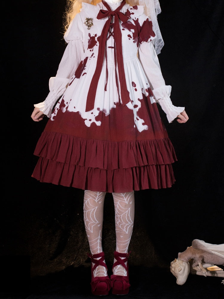 Romeo Collection White and Red Lace-up Front Ruffle Hemline Short Sleeves Lolita OP