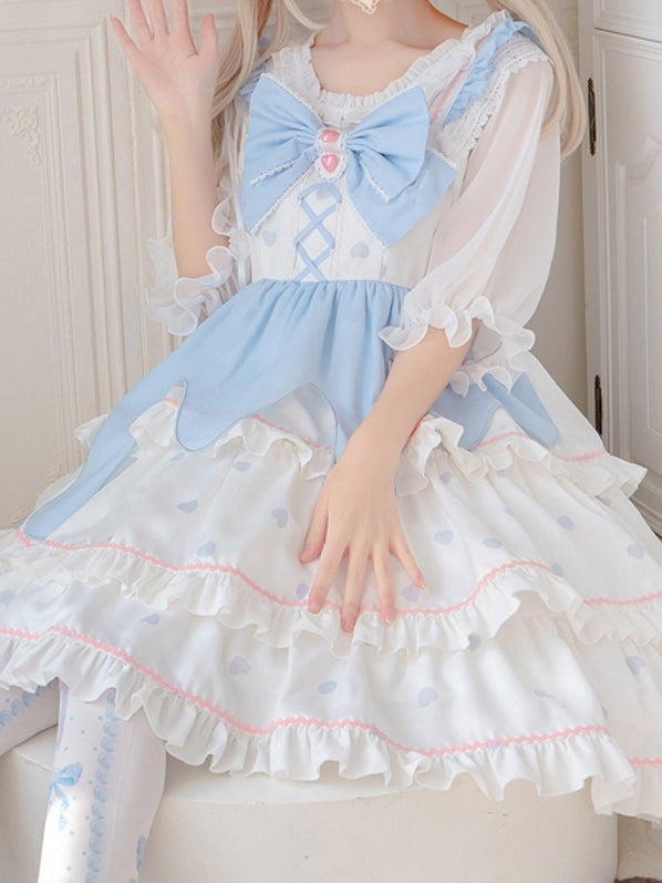 White Peach Mousse Bowknot Details High Waist Tiered Skirt and Ruffle Trim Jumper Skirt