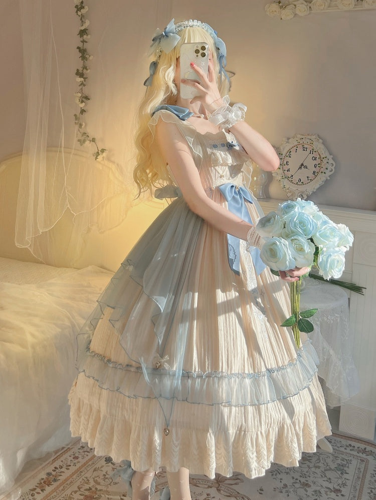 Hebe's Tears Beige and Blue Short/Long Version Square Neckline Jumper Skirt Set
