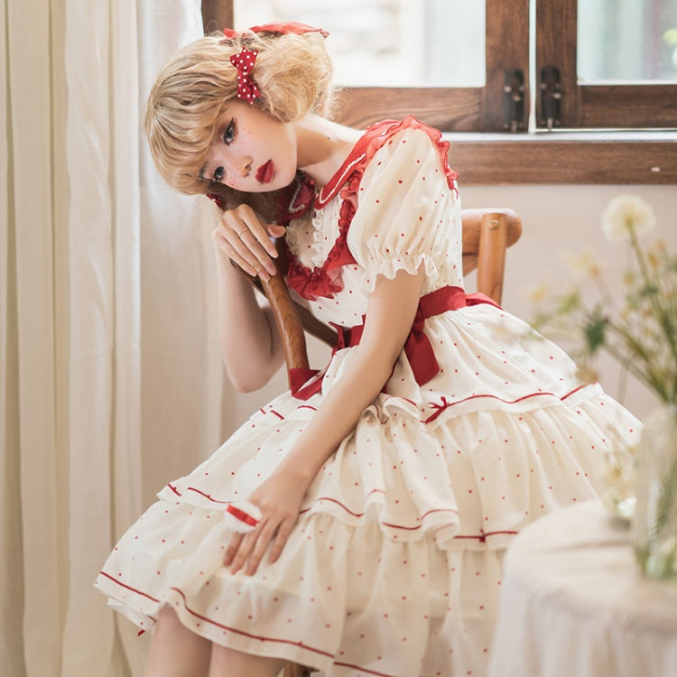 In Stock Bowknot Details Polka-dot Print Tiered Ruffle Hem Short Sleeves One Piece