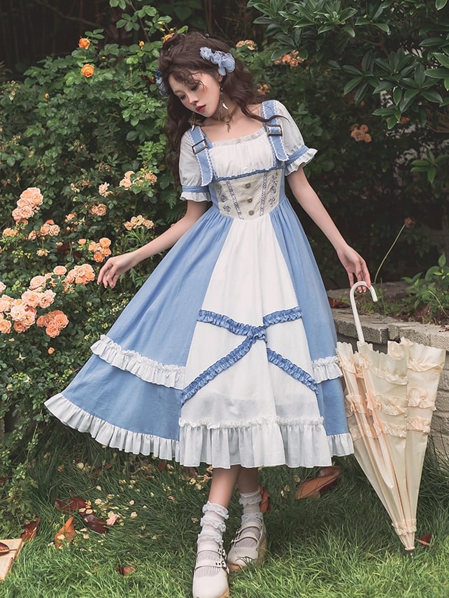 Square Neckline Rose Embroidery Waist Blue and White One Piece