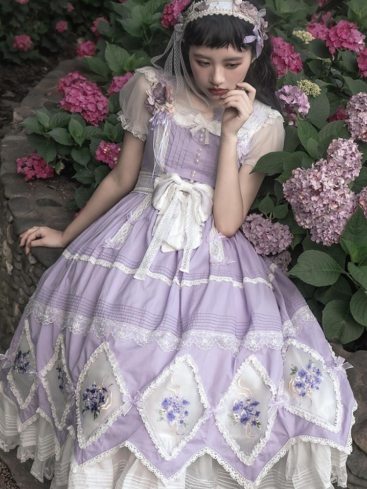 In Stock Floral Embroidery Bowknot Details Lace Patches Jumper Skirt
