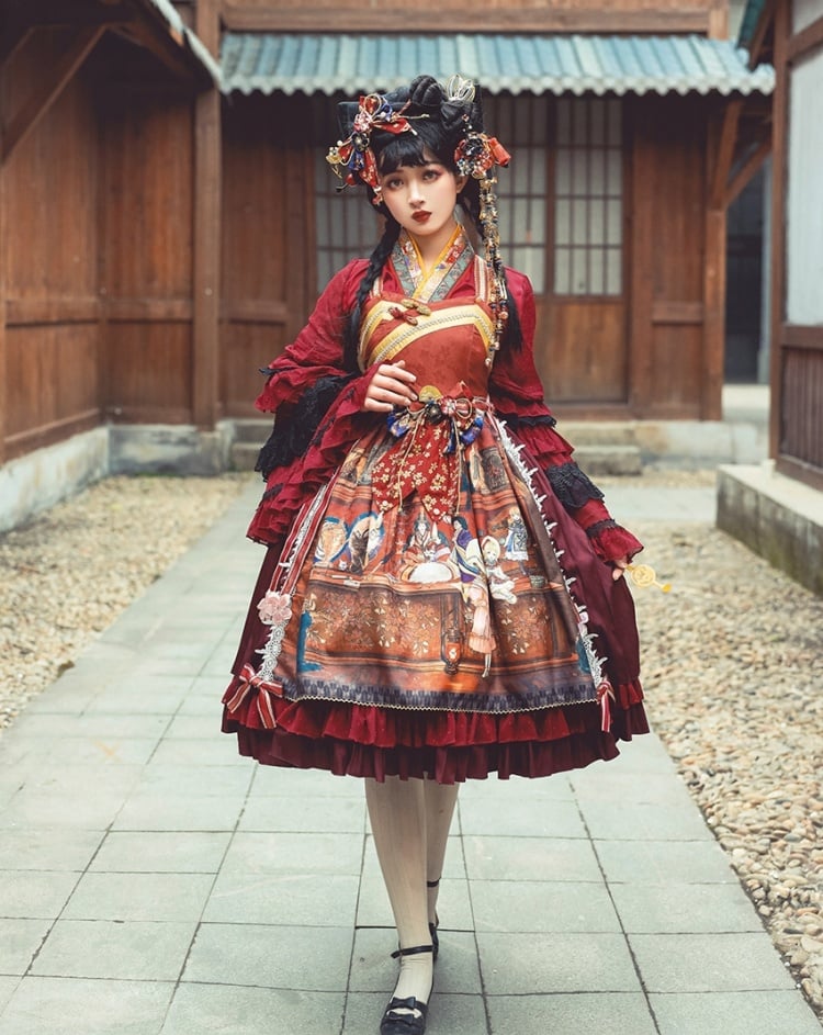 In Stock Fantasy Night Story Japanese Style Print Flounce Hem High Waist Wa Lolita JSK
