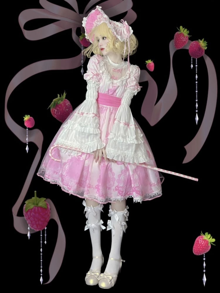 Pink Bears and Bowknots Print Lace Trim Gothic One Piece with Sleeves