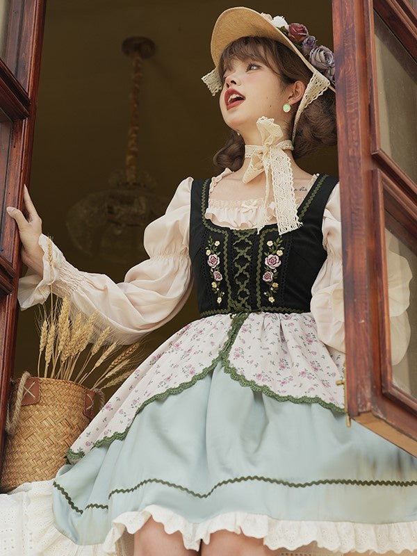 Heidi's Dream Lace-up Detail Ruffle Trim Floral Print Lolita JSK