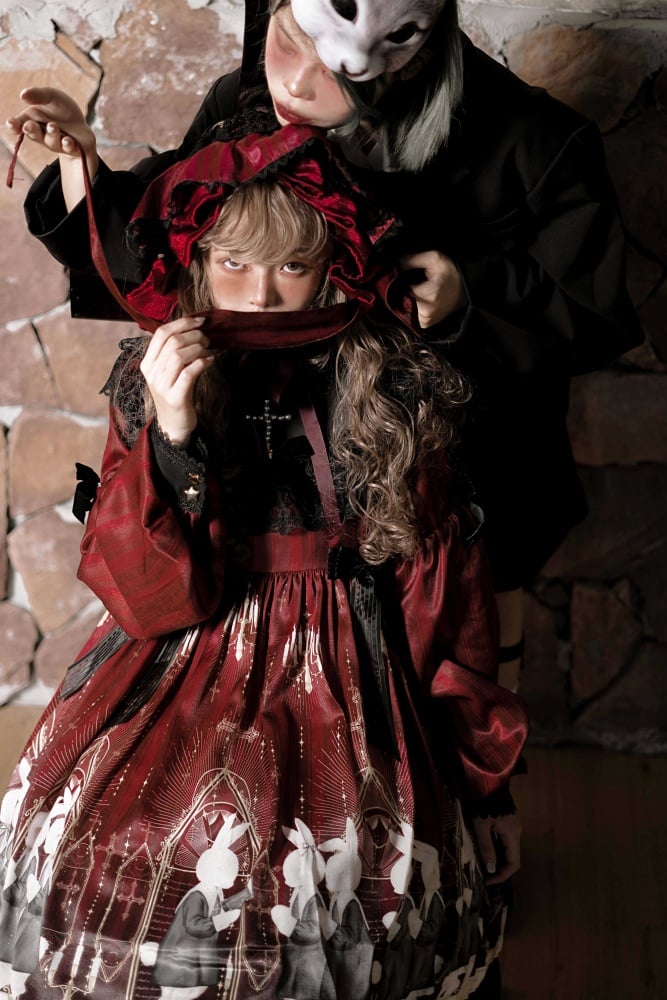 Holy Prayer Color Red Bunny Print Ruffle Round Neck Lace Hemline One Piece