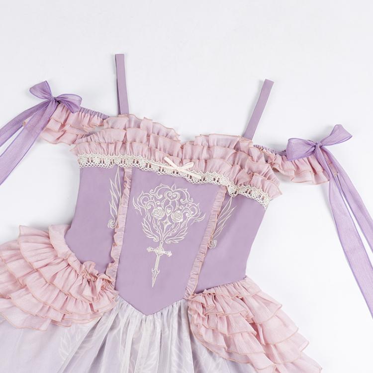 Thin Shoulder Straps Purple Ballet Ruffles Neckline Jumper Skirt