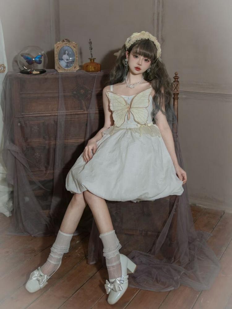 White Butterfly Bodice Dress Bubble Skirt Jumper Skirt