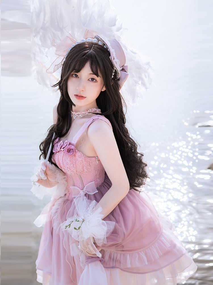 Pink Roses Neckline Vintage Corset Waist Dress