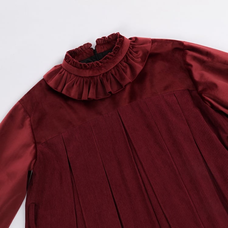 Winona Red/Black Velvet and Corduroy Ruffle Neckline Long Balloon Sleeves One Piece