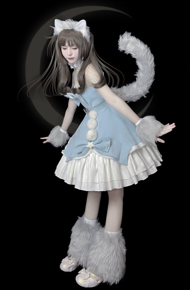 Winter Fairy Tale White and Blue Pompons Bowknot Details Jumper Skirt