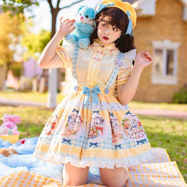 Picnic Day Yellow Plaid Kitty Print Ruffle Hem Overalls