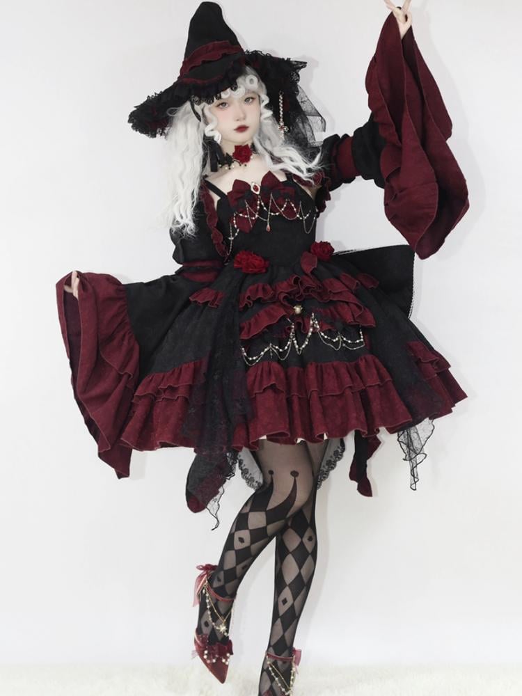 Rose Witch Black and Red Jumper Skirt + Bell Sleeves Bolero Set