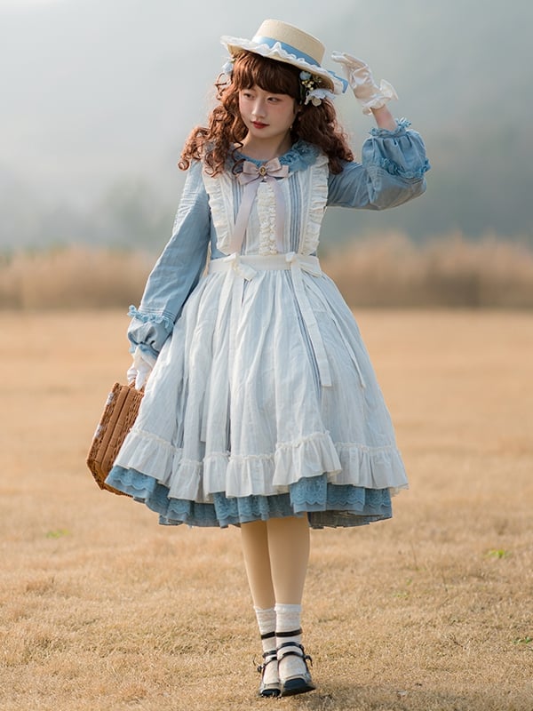 Tasha's Garden Blue Ruffle Design Long Sleeves One Piece