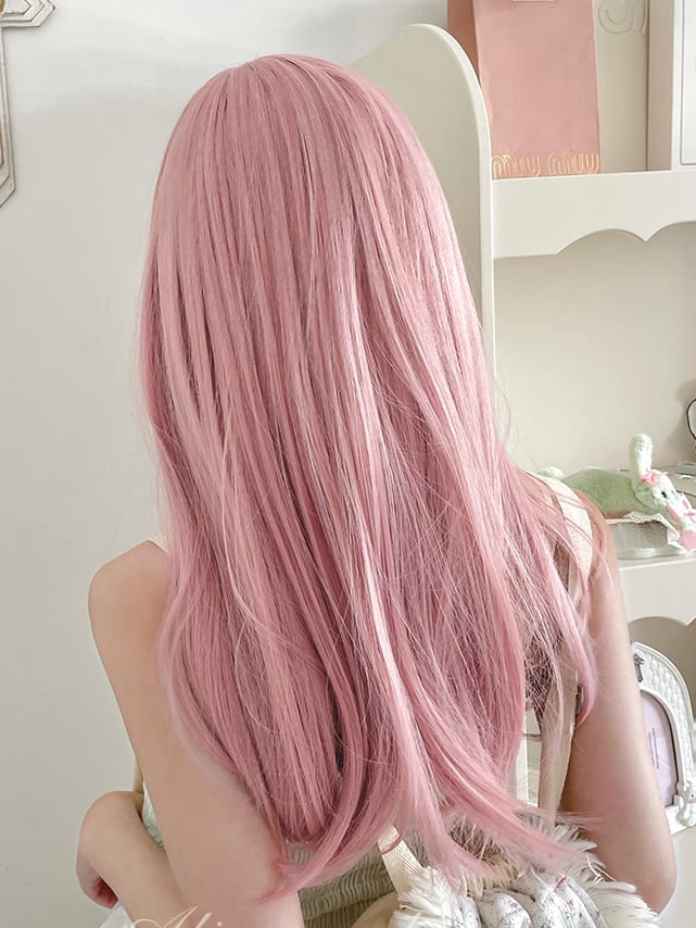 Pink Medium Length Synthetic Straight Wig with Full Bangs