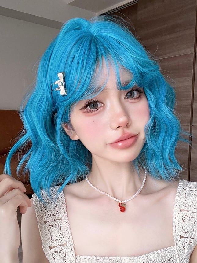 Sea Blue Wavy Bob Synthetic Wig