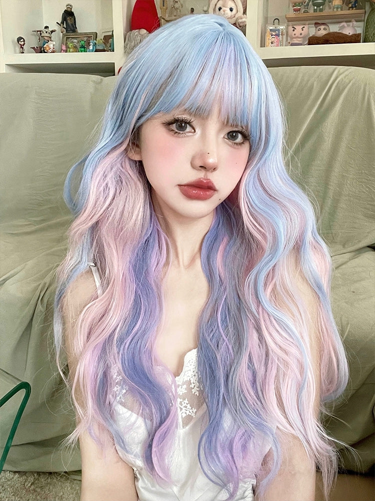 Mixed Hair Color Long Wavy Synthetic Wig with Full Bangs