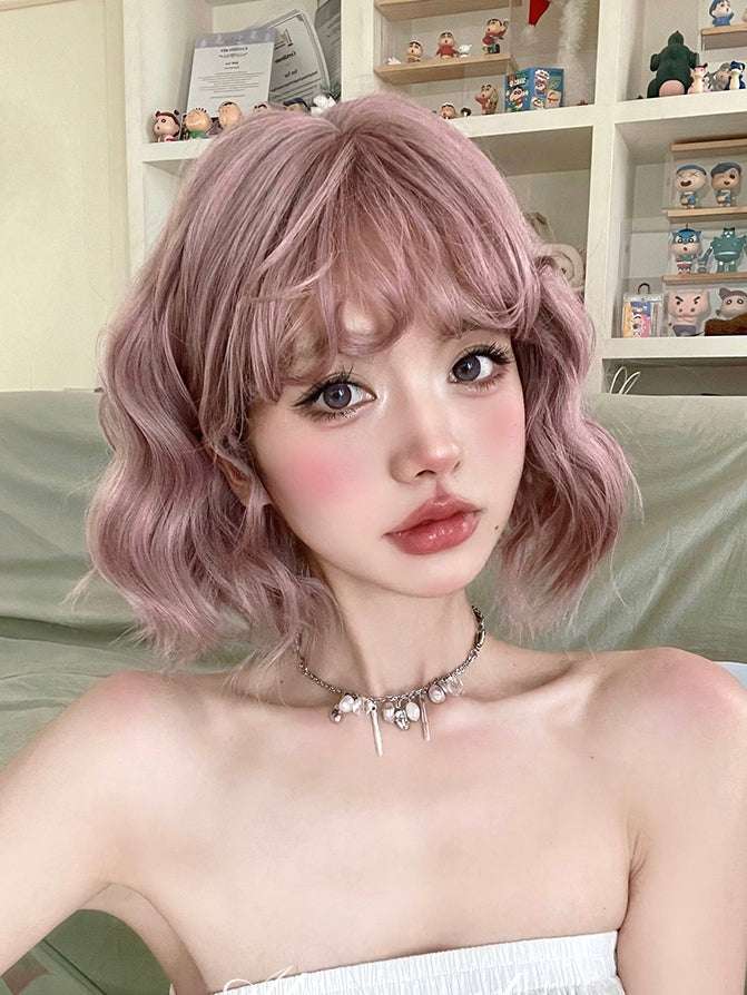 Pink Chin Length Wavy Synthetic Wig with Curly Bangs