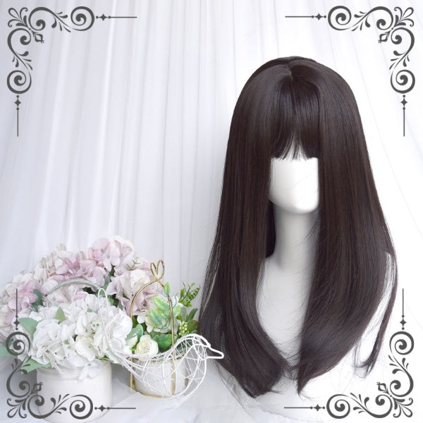 Natural Black Brown Air Bangs Long Wig