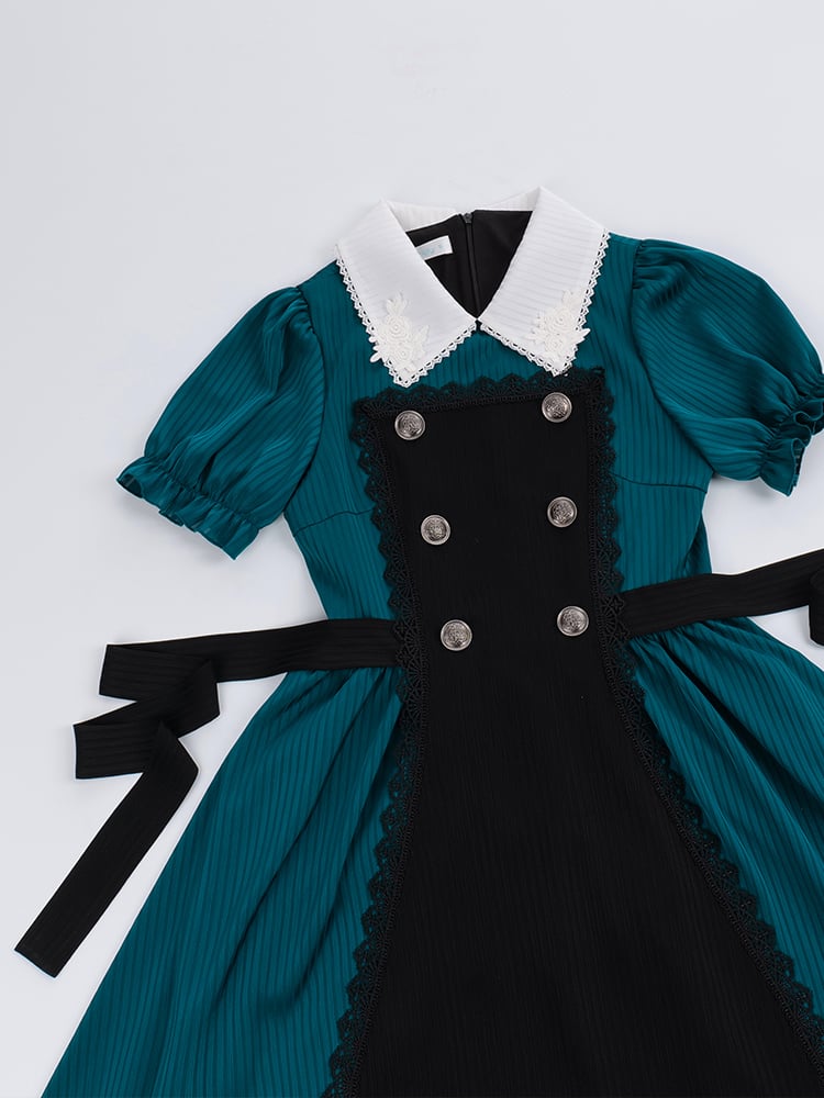White Rose Applique Collar Peacock Blue Puff Sleeves One Piece