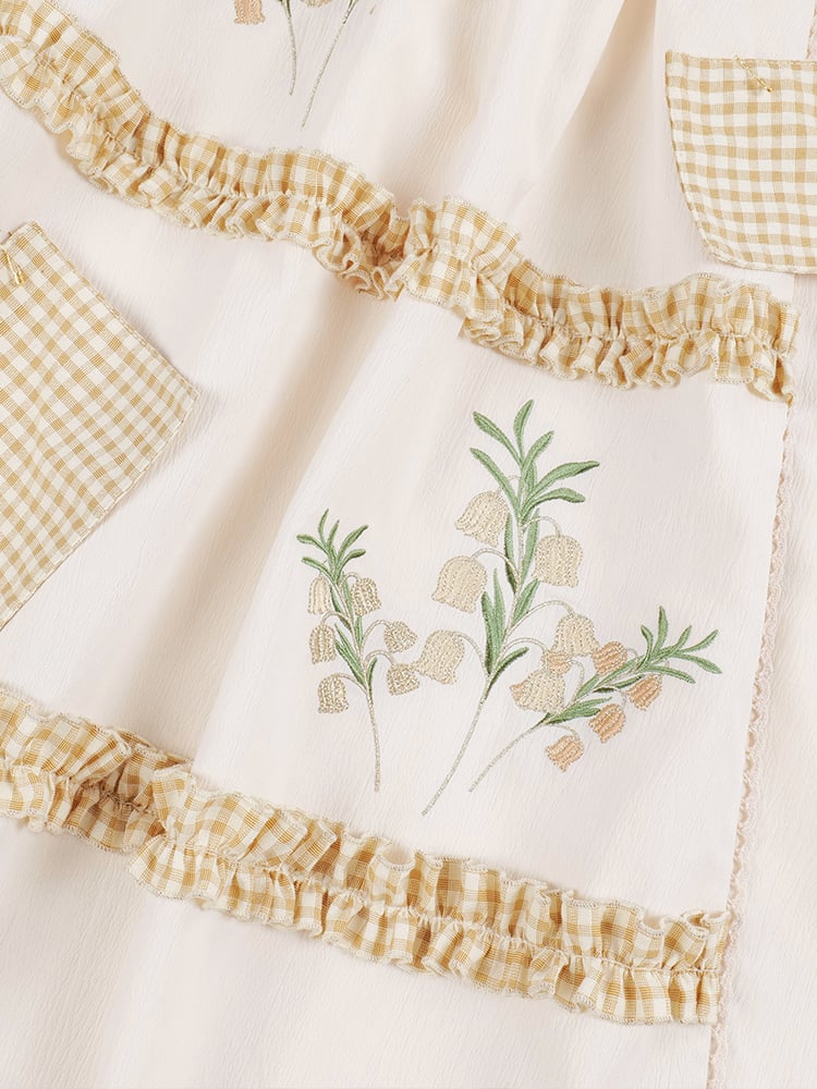 Light Yellow Plaid Pattern Jumper Skirt Lily of the Valley Embroidery