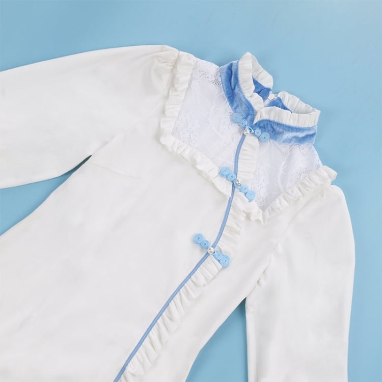 White and Blue Mermaid Dress Cheongsam Collar Long Sleeves Elegant Qipao Dress