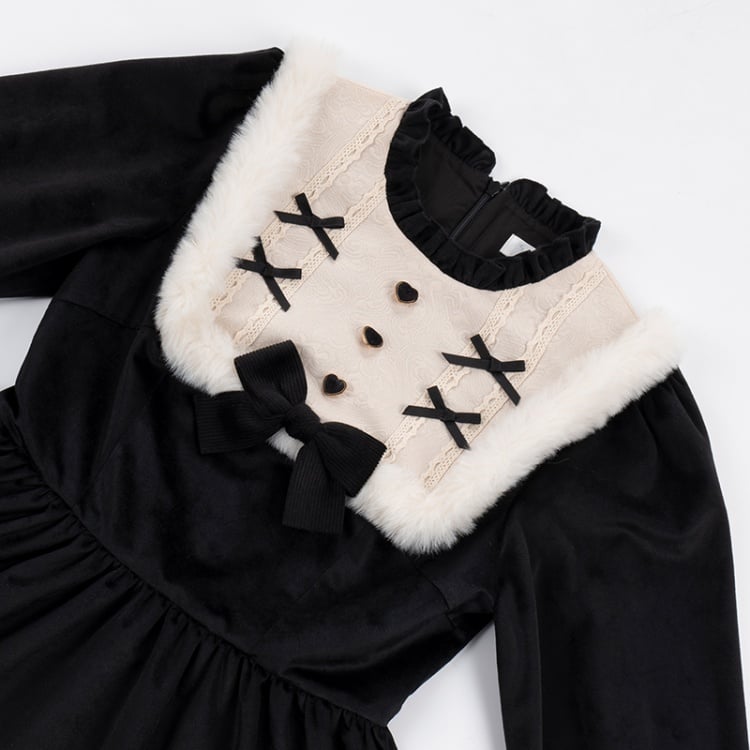 Humanoid Time Color Black Ruffle Round Neckline Plush Hemline Velvet Long Sleeves One Piece