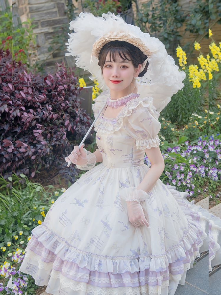 White and Purple Bluebell Print Square Neckline One Piece