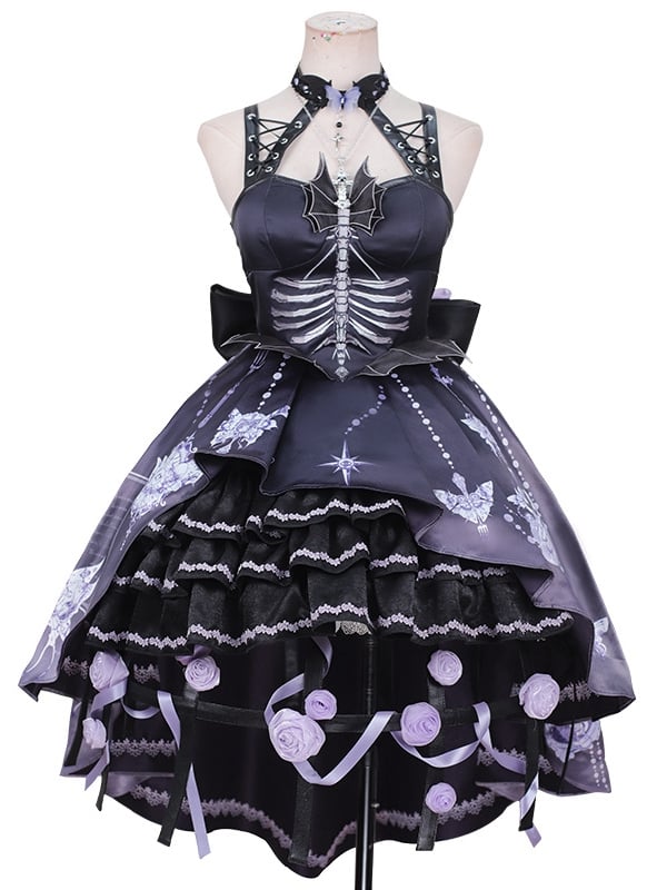 Purple High-low Skirt Halter Neck Gothic Jumper Skirt