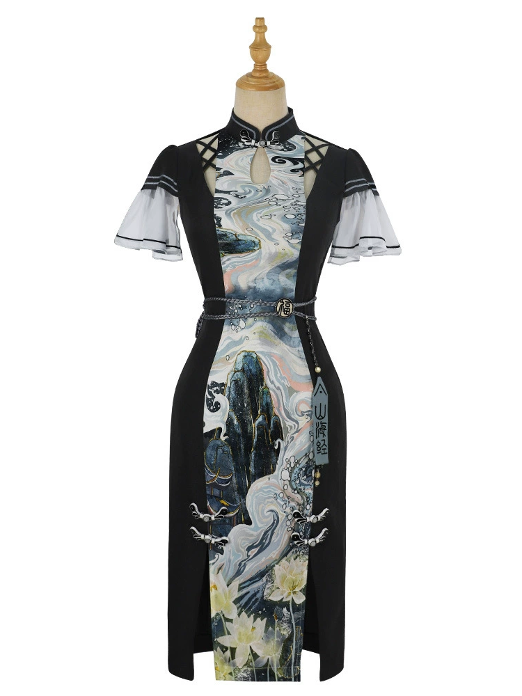 The Mountain Han Elements Banded Collar Cutout Detail Slit Dress