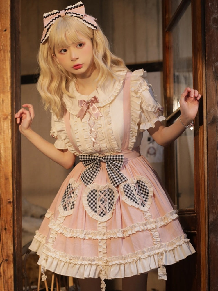 Plaid Heart-shaped Patches Pink Skirt