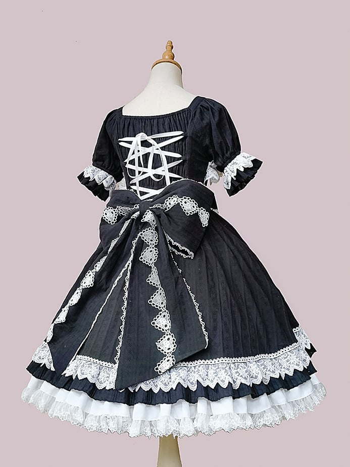 White and Black Bowknot Details Ruffle Neckline Short Sleeves One Piece