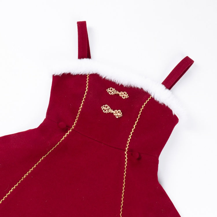 New Year Red and White Plush Trim Flounce Hemline Jumper Skirt