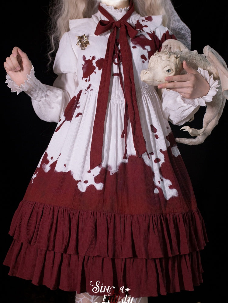 Romeo Collection White and Red Lace-up Front Ruffle Hemline Short Sleeves Lolita OP