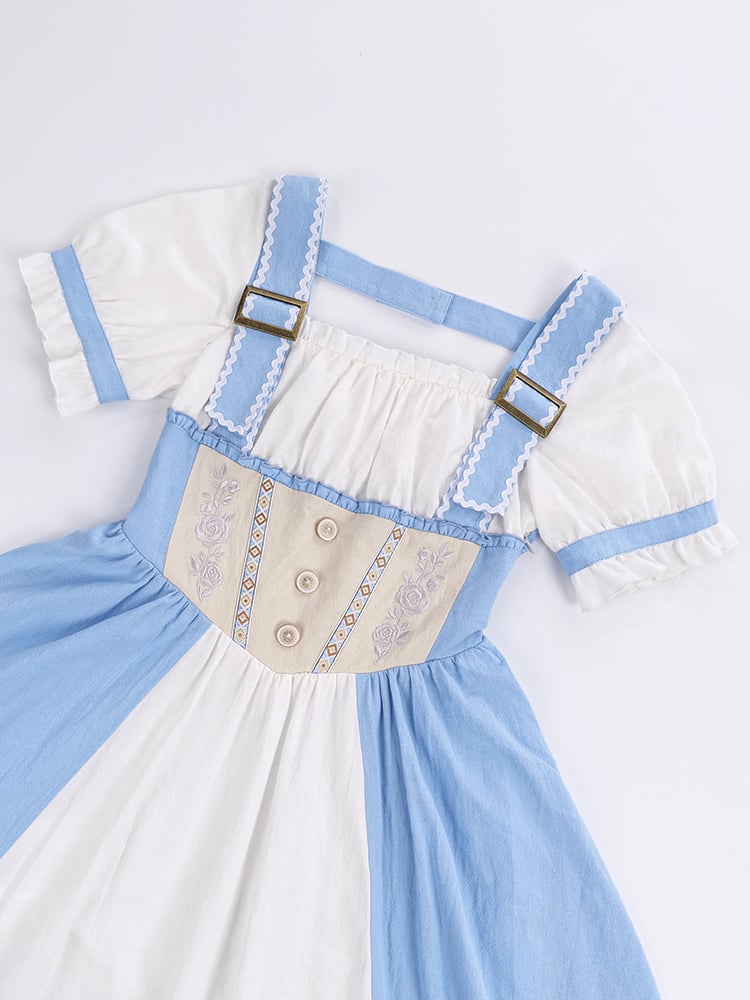 Square Neckline Rose Embroidery Waist Blue and White One Piece