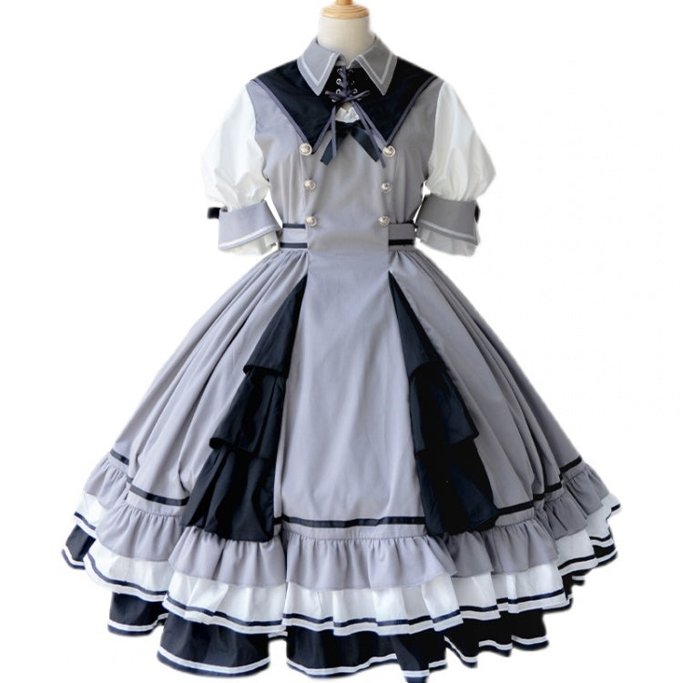 In Stock Black White Gray Tiered Ruffle Hemline Short Sleeves Lolita OP
