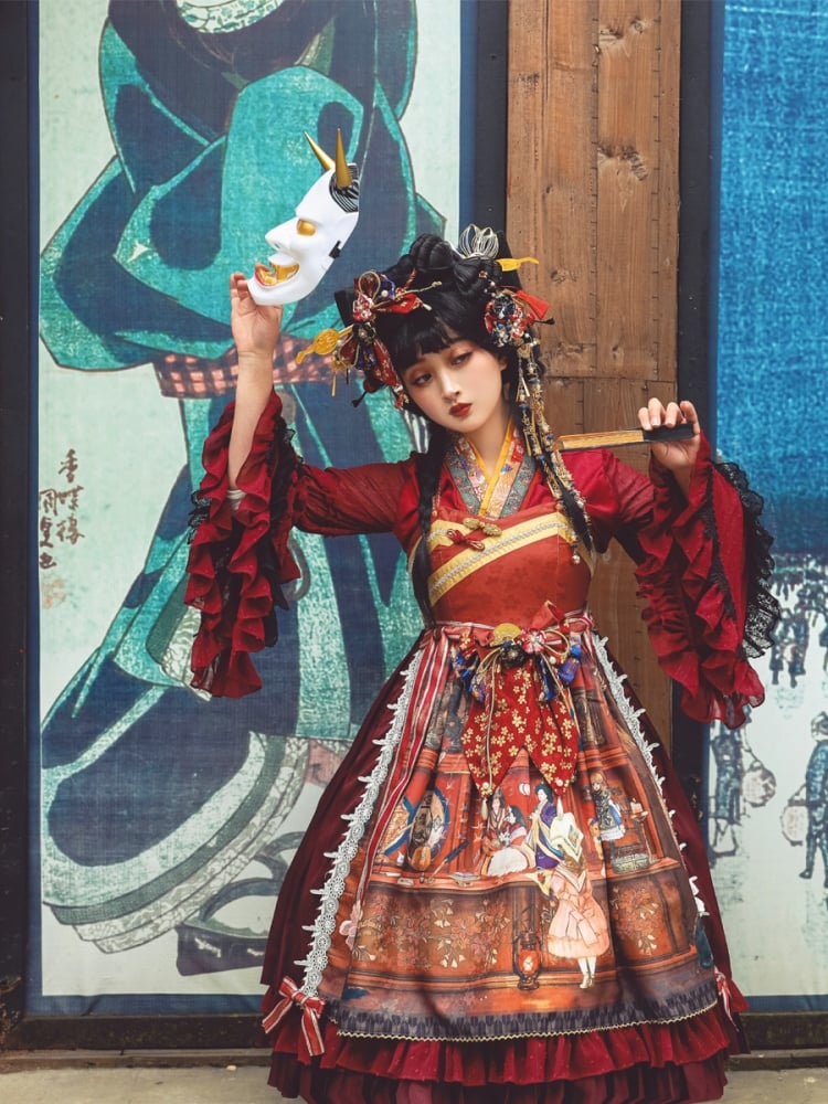 In Stock Fantasy Night Story Japanese Style Print Flounce Hem High Waist Wa Lolita JSK