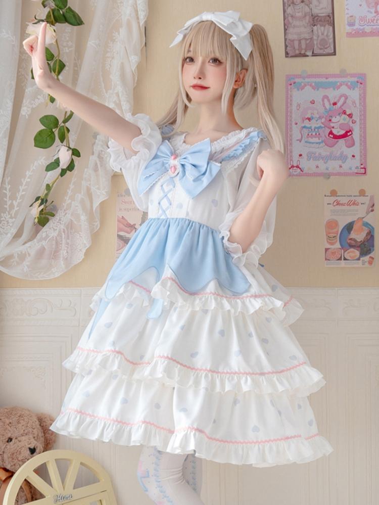 White Peach Mousse Bowknot Details High Waist Tiered Skirt and Ruffle Trim Jumper Skirt