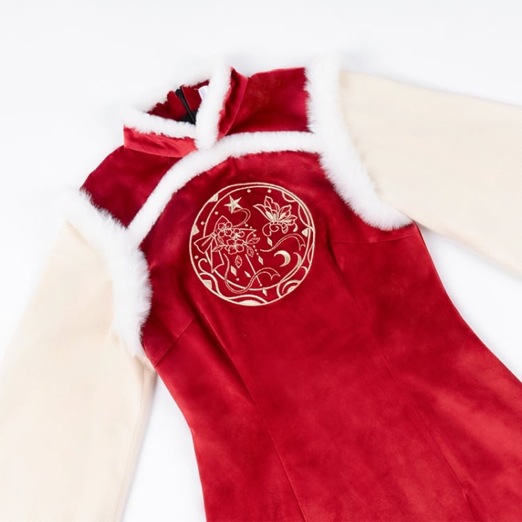 New Year Red Plush Cheongsam Collar Gold Embroidery Bodice Chi-pao