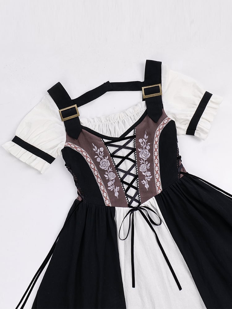 Rosette Embroidery Lace-up Details Bodice Black and White One Piece