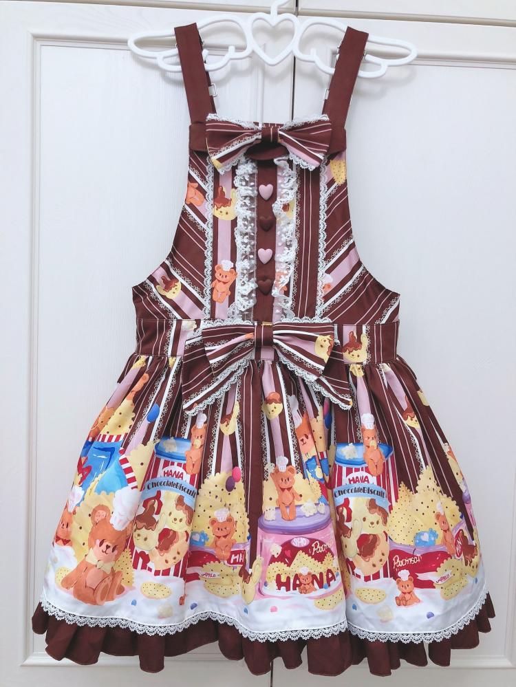 Little Bear and Pot Built-in Petticoat Bear and Biscuit Print Overalls