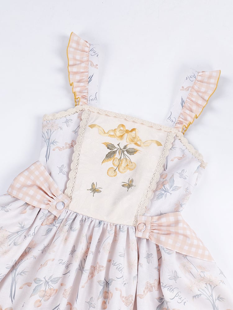 Light Orange Floral Print Jumper Skirt Plaid Pattern Hemline