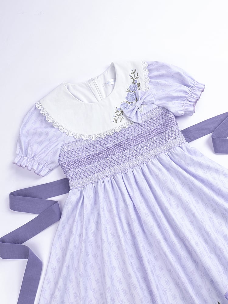 Purple Rose Embroidery Flat Collar Striped Hemline One Piece