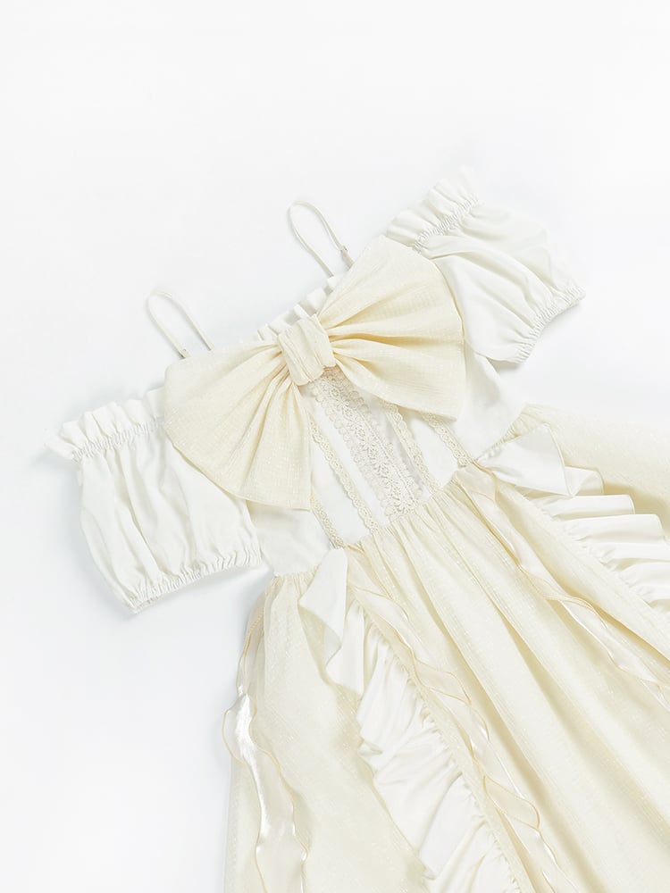 Light Yellow Big Bowknot Elastic Neckline One Piece