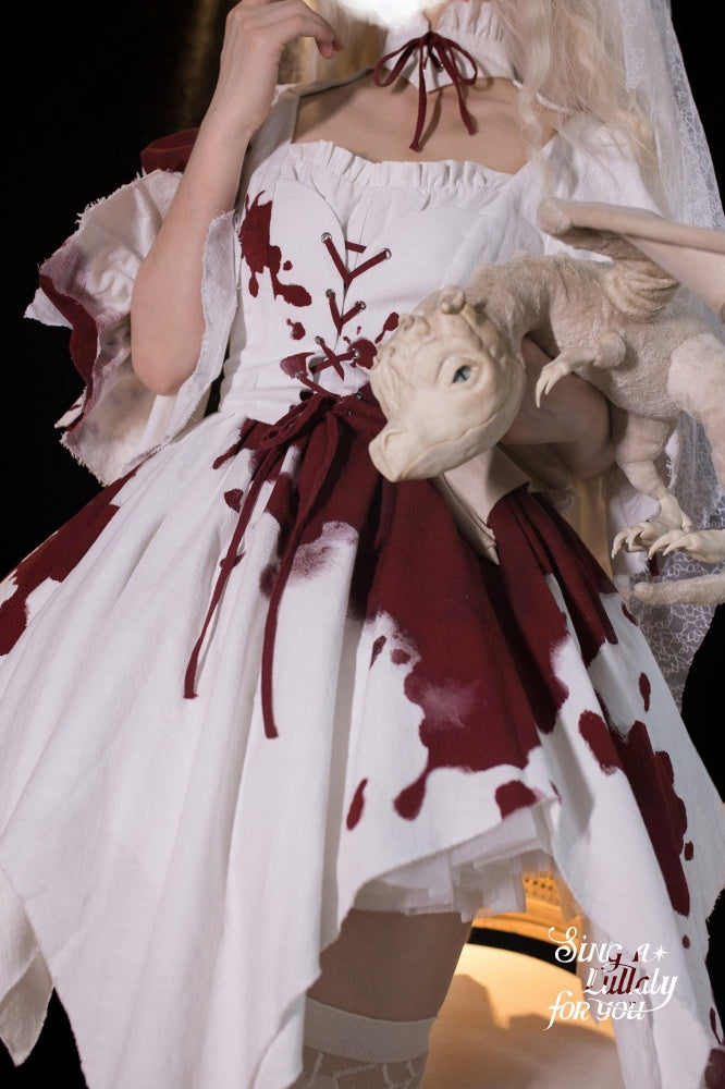 Romeo Collection White and Red Handkerchief Hem Lace-up Details Long Sleeves One Piece