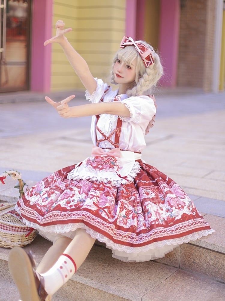 Red Bunny Strawberry Print Sweet Overall Dress+White Peter Pan Collar Blouse Set