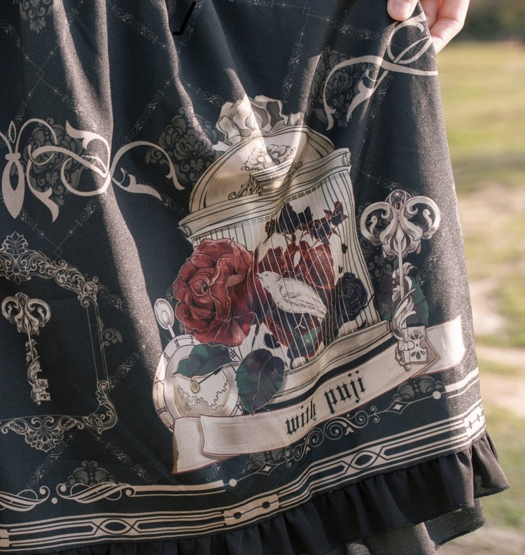 Nightingale and Rose Print Big Bow Ruffle Trim Lolita JSK