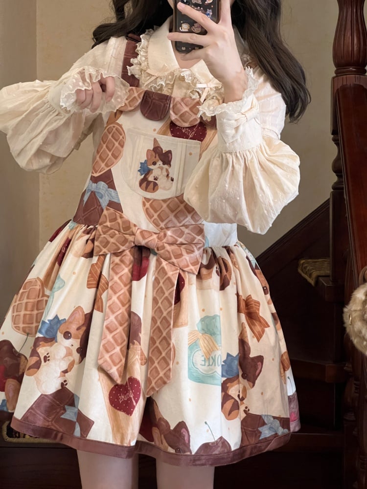 Muffin Kitten Series Dessert and Cat Print Sweet Overall Dress