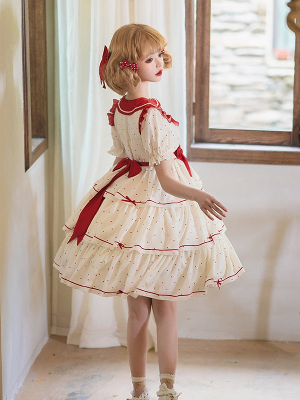 In Stock Bowknot Details Polka-dot Print Tiered Ruffle Hem Short Sleeves One Piece