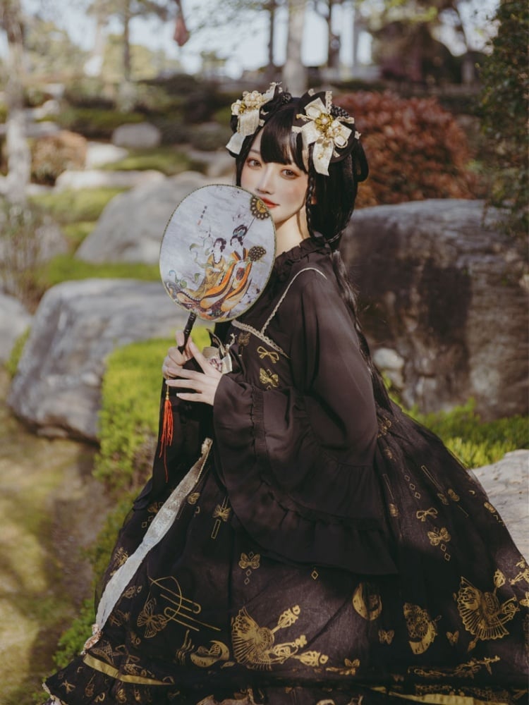 Daytime Fantasy Night Archaic Style Pattern Print Design Gold Stamping JSK